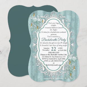 Sage green silk drapes & flamingos flowers invitation