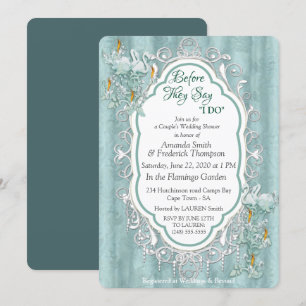 Sage green silk drapes & flamingos flowers invitation