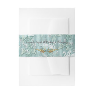 Sage green silk drapes & flamingos flowers invitation belly band