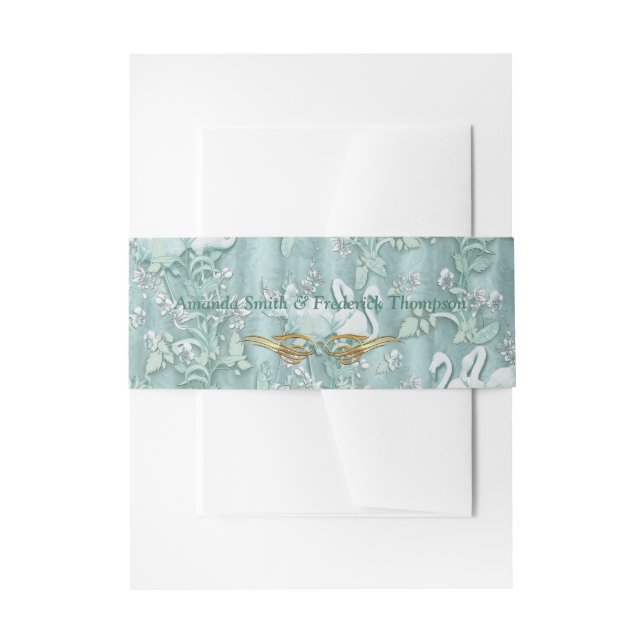Sage green silk drapes & flamingos flowers invitation belly band (Front Example)