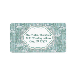 Sage green silk drapes & flamingos flowers label