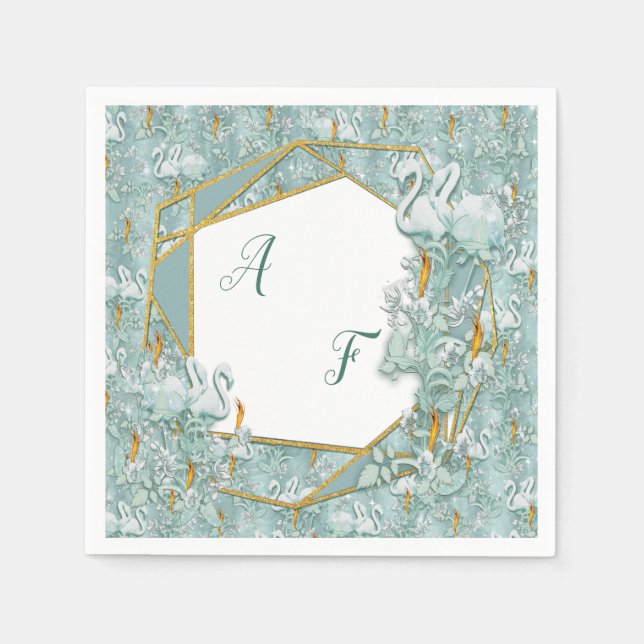 Sage green silk drapes & flamingos flowers napkin (Front)