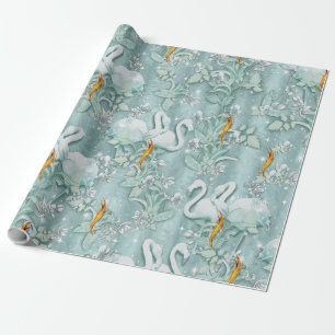 Sage green silk drapes & flamingos flowers wrapping paper