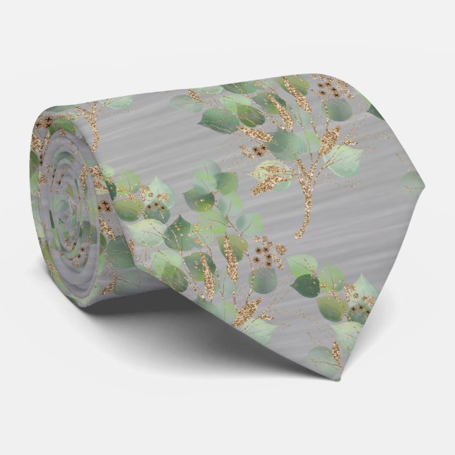 SAGE GREEN SILVER BOTANICAL EUCALYPTUS  MENS TIE (Rolled)