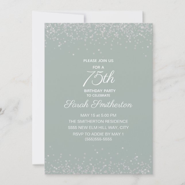 Sage Green Silver Diamond Glitter 75th Birthday Invitation (Front)