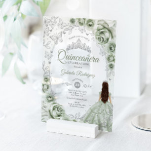 Sage Green Silver Floral Quinceanera Acrylic Invitations