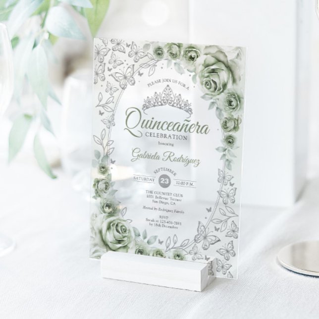 Sage Green Silver Floral Quinceanera Acrylic Invitations (Creator Uploaded)