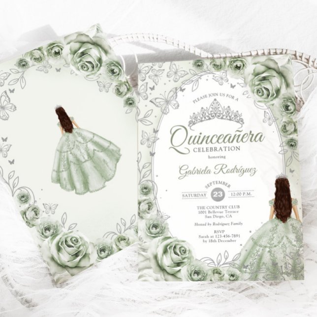 Sage Green Silver Floral Quinceanera Invitation (Creator Uploaded)