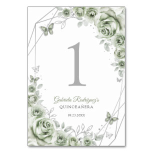 Sage Green Silver Floral Quinceanera Table Number