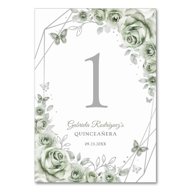 Sage Green Silver Floral Quinceanera Table Number (Front)