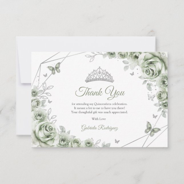 Sage Green Silver Floral Quinceanera Thank You Card (Front)