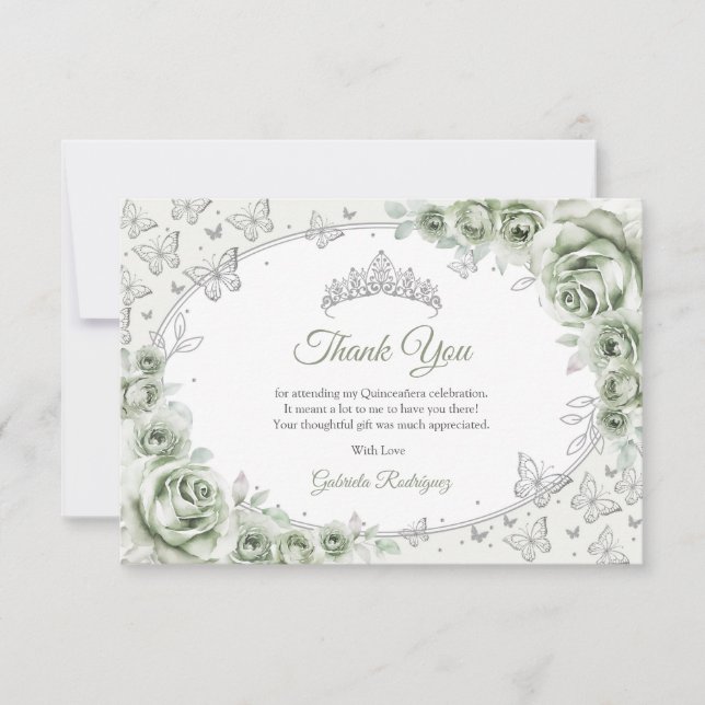 Sage Green Silver Floral Quinceanera Thank You Card (Front)