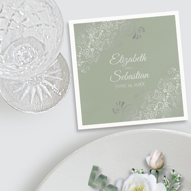 Sage Green & Silver Frills Elegant Wedding Napkin (In Situ on Table)