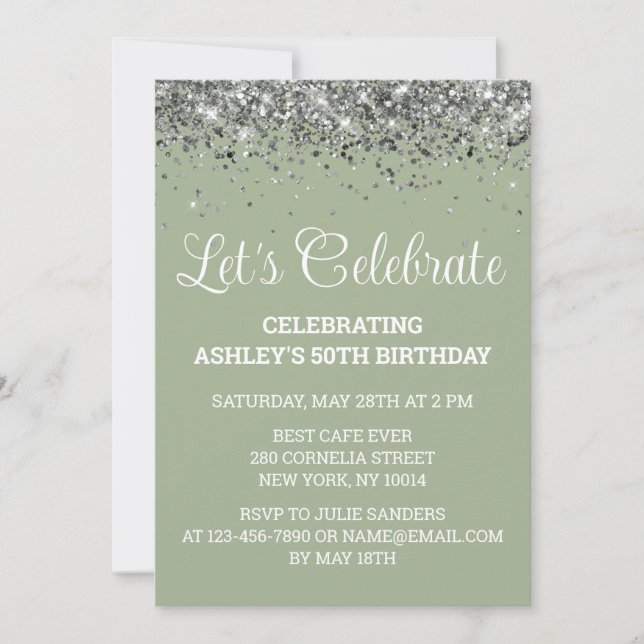 Sage Green & Silver Glitter 50th Birthday Party Invitation (Front)