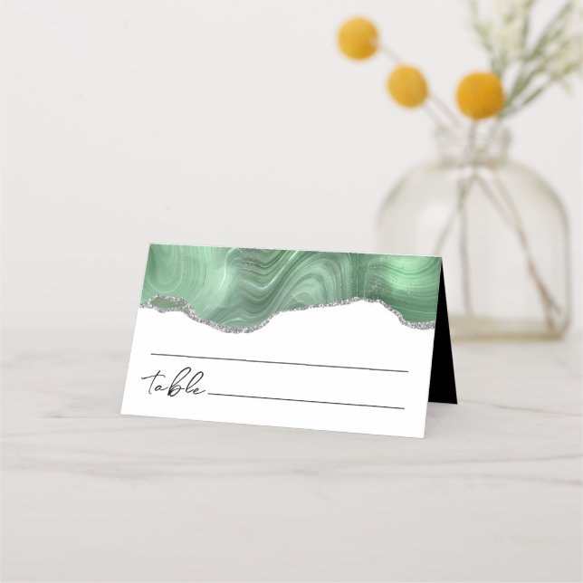 Sage Green Silver Glitter Agate Wedding Place Card (Back)