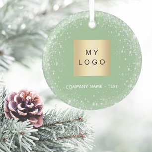 Sage green silver glitter business company logo glass tree decoration