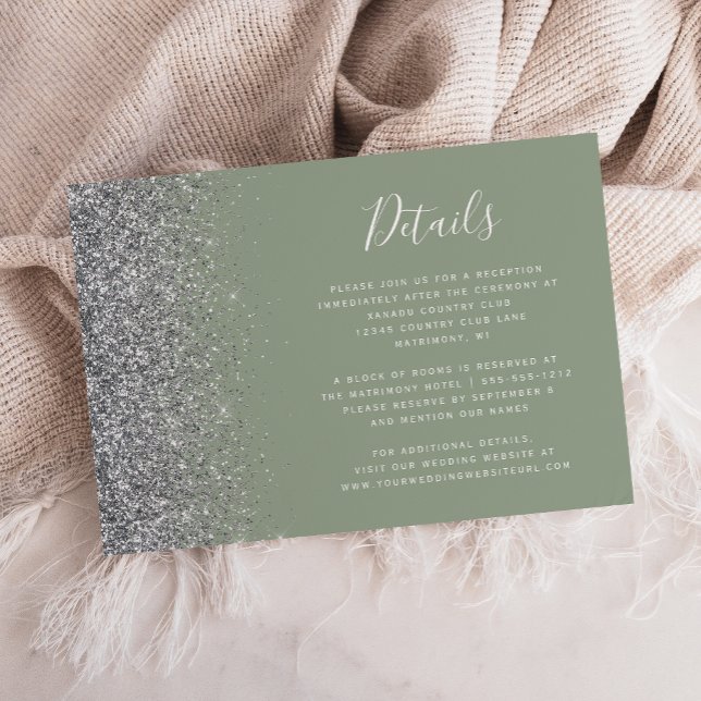 Sage Green Silver Glitter Edge Wedding Details Enclosure Card (Creator Uploaded)