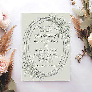 Sage green silver greenery wedding invitation