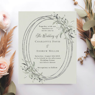 Sage green silver greenery wedding invitation