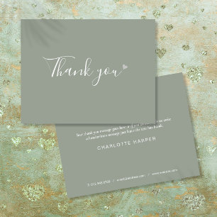 Sage Green Silver Heart Chic Script Business Thank You Card