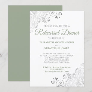 Sage Green & Silver Lace Wedding Rehearsal Dinner Invitation