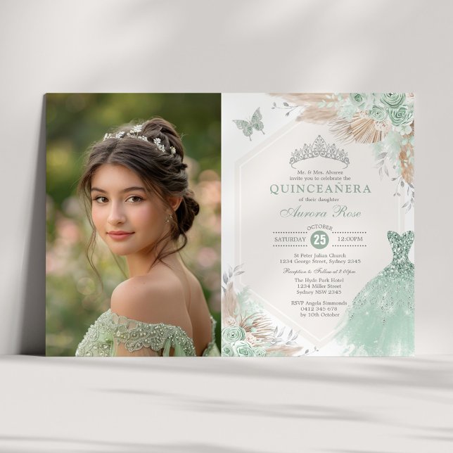Sage Green Silver Quinceañera 15th Birthday Photo Invitation (Creator Uploaded)