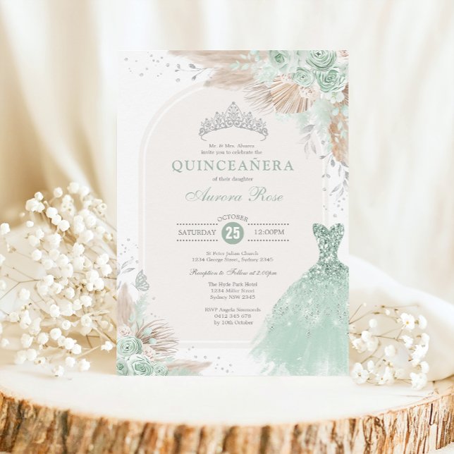 Sage Green Silver Quinceañera Boho 15th Birthday Invitation (Creator Uploaded)