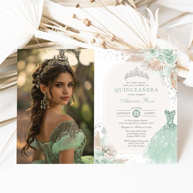 Sage Green Silver Quinceañera Boho Princess Photo Invitation (Creator Uploaded)