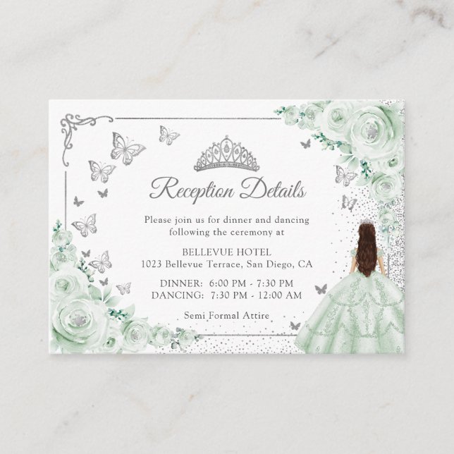 Sage Green Silver Quincenarea Reception Details Enclosure Card (Front)