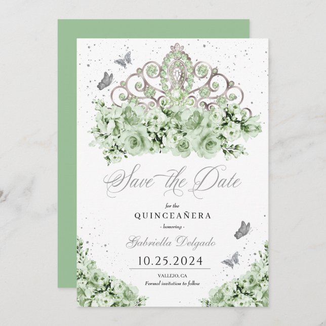 Sage Green Silver Tiara Save The Date Quinceañera Invitation (Front/Back)