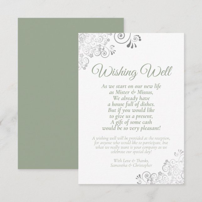 Sage Green Silver White Wedding Wishing Well Poem Enclosure Card (Front/Back)