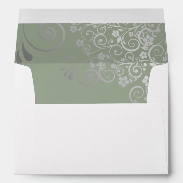Sage Green Simple Elegant Filigree Wedding Envelope (Back (Bottom))