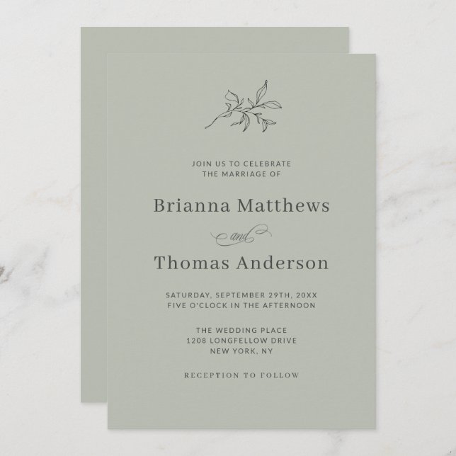 Sage Green Simple Elegant Minimalist Wedding Invitation (Front/Back)
