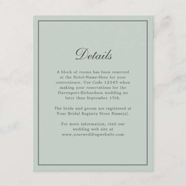 Sage Green Simple Elegant Wedding Info Details Enclosure Card (Front)
