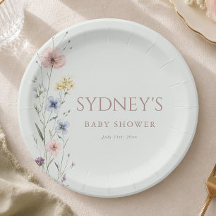 Sage Green Simple Little Wildflower Baby Shower Paper Plate