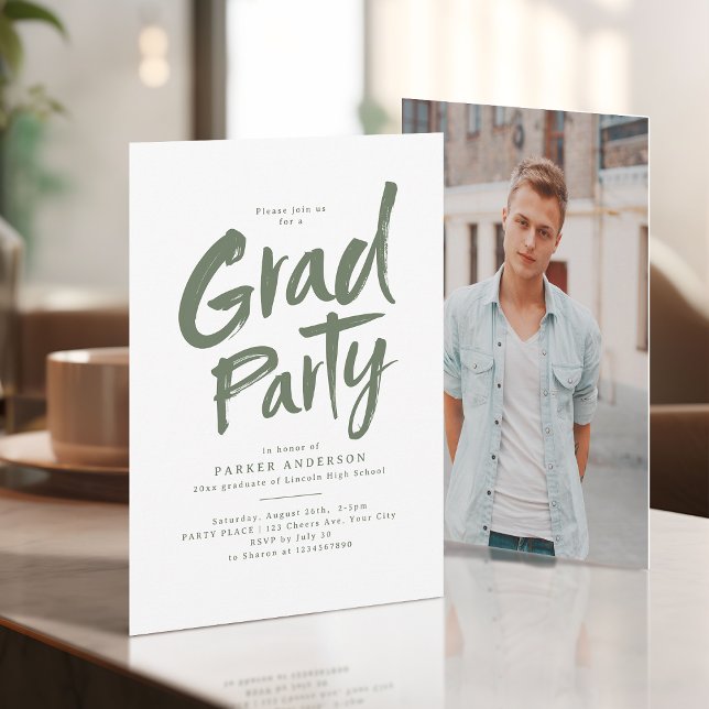 Sage Green Simple Modern Brush Script Grad Party Invitation (Sage Green Simple Modern Brush Script Grad Party Invitation)