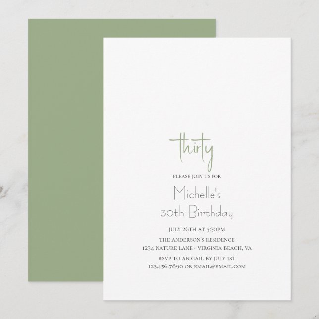 Sage Green Simple Modern Minimalist 30th Birthday Invitation (Front/Back)