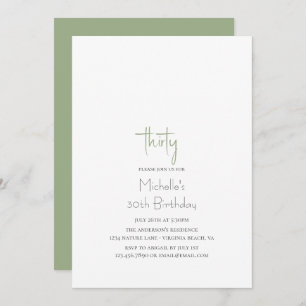 Sage Green Simple Modern Minimalist 30th Birthday Invitation