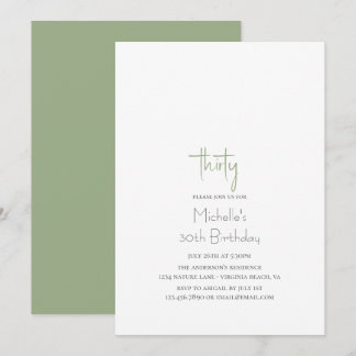 Sage Green Simple Modern Minimalist 30th Birthday Invitation