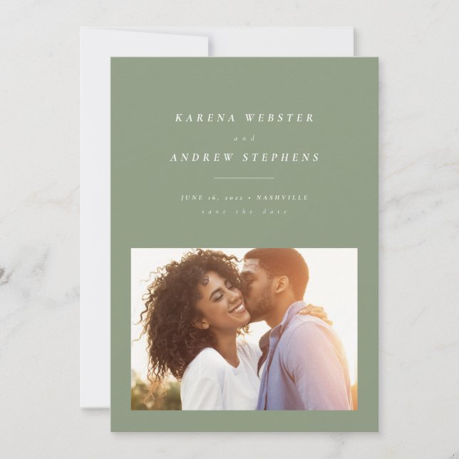Sage green simple modern photo save the date (Front)