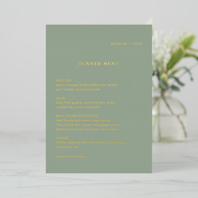 Sage Green Simple Modern Wedding Foil Menu (Standing Front)
