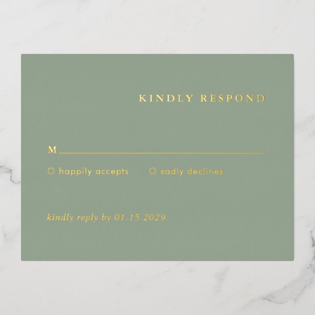 Sage Green Simple Modern Wedding Foil RSVP Card (Front)