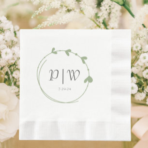 Sage Green Simple Monogram Heart Wreath Wedding Napkin