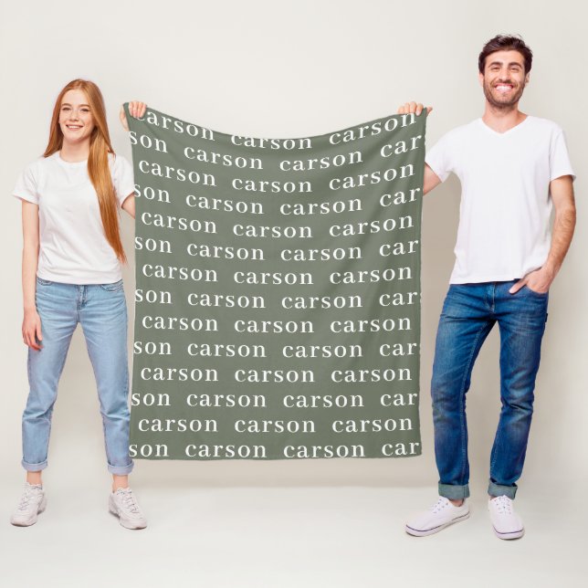 Sage Green Simple Personalised Repeating Name Fleece Blanket (In Situ)