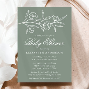 Sage Green Sketched Floral Baby Shower Invitation