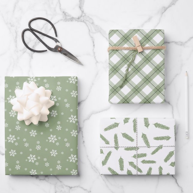 Sage Green Snowflakes Pine Plaid Holiday Patterns Wrapping Paper Sheet (Front)