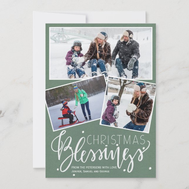Sage green snowing Christmas blessings 3 photos Holiday Card (Front)