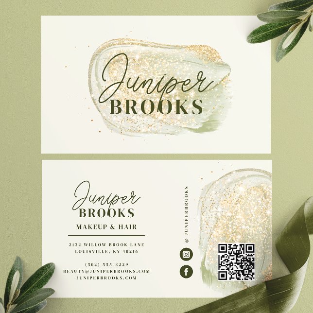Sage Green Social Media QR Code Gold Glitter Business Card (Creator Uploaded)