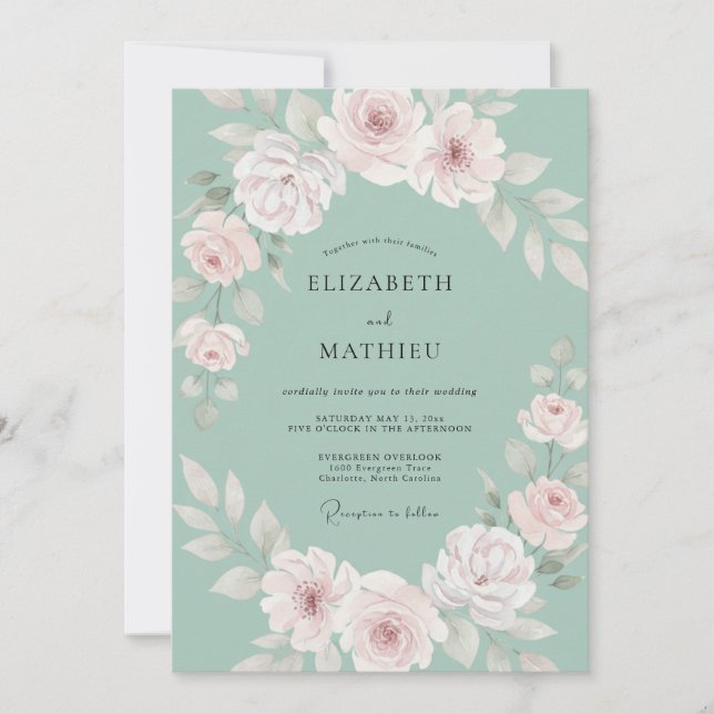 Sage Green Soft Rose Botanical Wedding Invitation (Front)