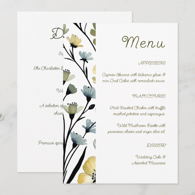 Sage Green & Soft Yellow Botanical Wedding Menu (Front/Back)